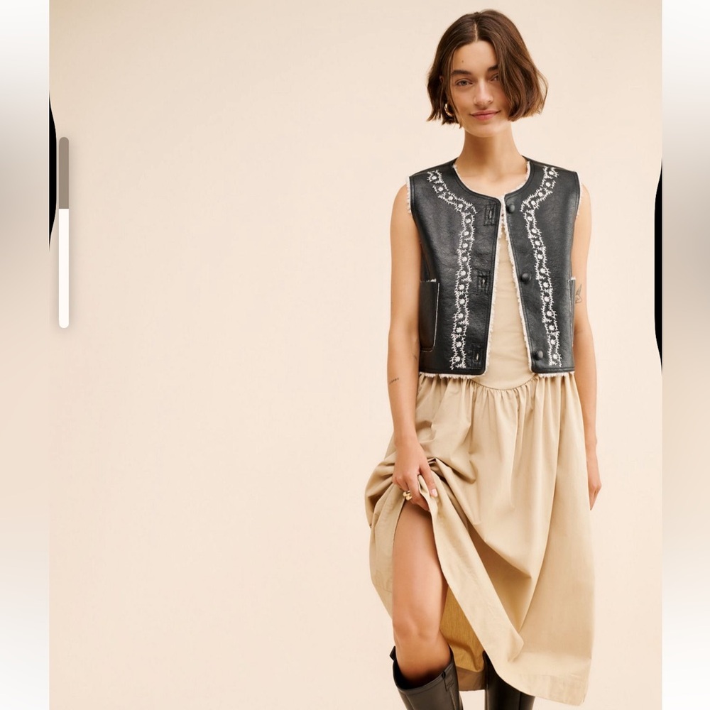 Free People Vegan Leather Embroidered Sherpa Vest Black Ivory Cream size Large - Picture 2 of 14